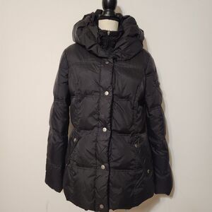 DKNY Black Puffer Jacket High Neck Zip and Snap front 60% Down Coat SZ L